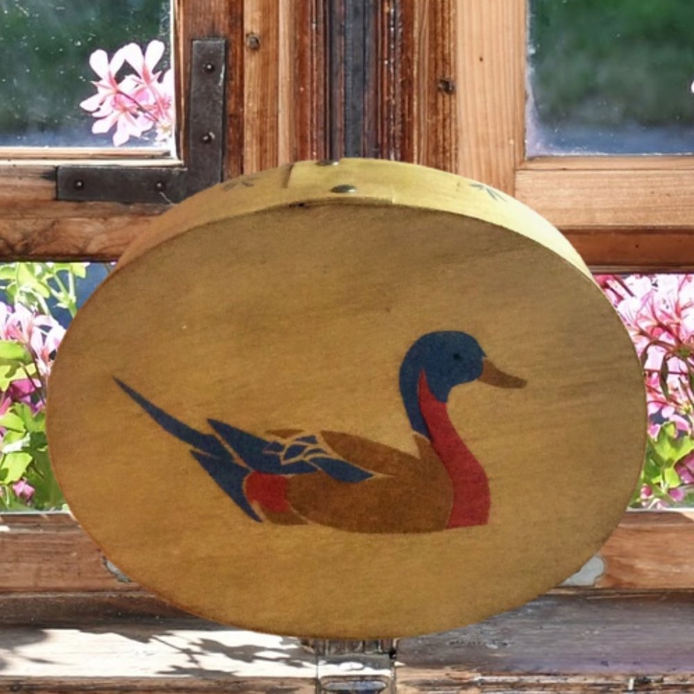Vintage Mallard Duck Round Wooden Box with Lid Stenciled Design